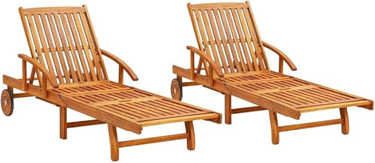 Brown Solid Acacia Wood Adjustable Sun Lounger Set with Wheels for Patio Poolside Outdoor Relaxation Comfortable Multi Position Backrest