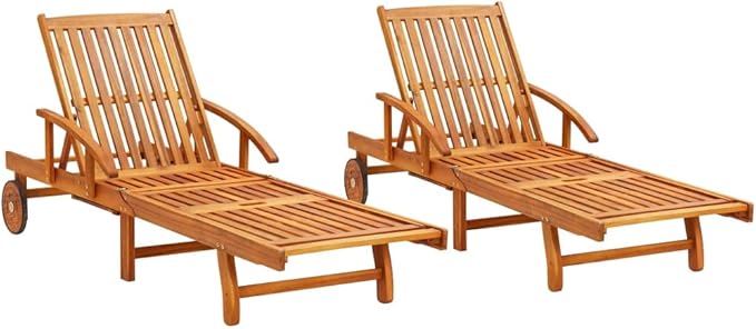 2-Pack Acacia Outdoor Chaise Lounge Set, 78.3" Long Reclining Patio Loungers with Wheels & 5-Position Backrest - Photo 1