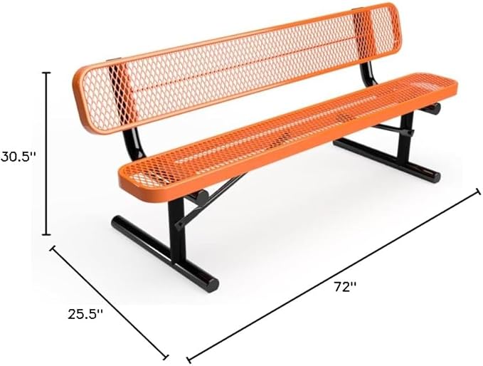 COATEDOUTDOORFURNITURE Coated Outdoor Furniture Heavy-Duty Portable Outdoor Bench Thermoplastic Coated, Expanded Metal, Commercial-Grade Seating, Made in America (Portable with Back, 6 Ft, Orange)