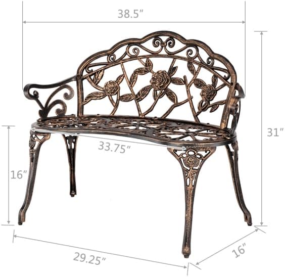 38.5" Outdoor Garden Bench, Patio Furniture Cast Aluminum Outdoor Bench with Rose Backrest - Photo 3