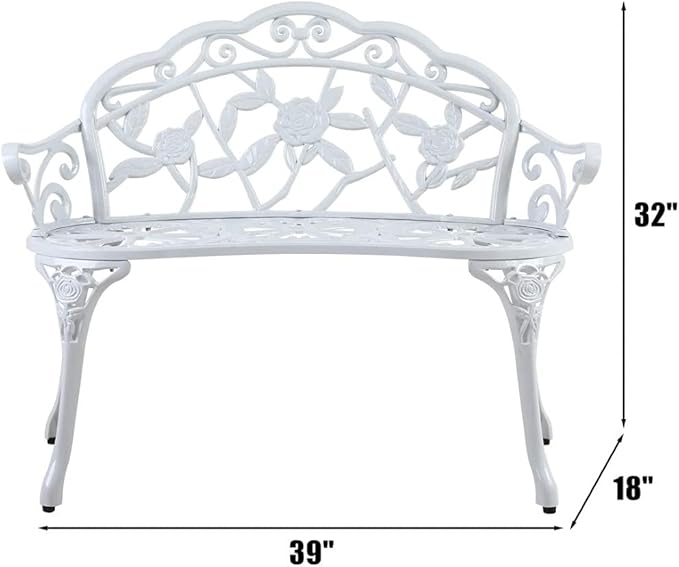 Wrought Iron Bench Curved Steel Rose Pattern Patio Garden Chair Antique Style Backyard Home Seat Loveseat Metal White Outdoor Indoor Pool Side Bristo Double Sitting Balcony Home Office Solid Legs