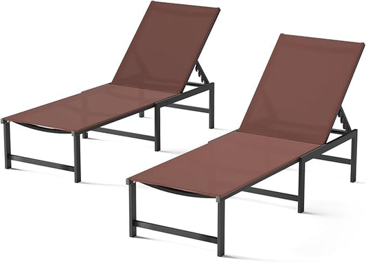 Chaise Lounge Chair Outdoor,Aluminum Patio Lounge Chairs Set of 2,Pool Lounge Chairs with 5 Adjustable Backrest and Headrest Pillows for Outside Beach，Brown