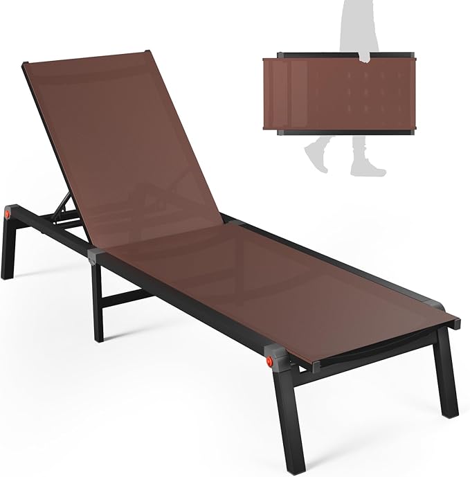 Aluminum Chaise Foldable Patio Lounge Chair Outdoor, Metal Deck Lounger Adjustable 5-Position Recliner Pool Chase Breathable Full Flat Outside Sun Tanning Chairs for Beach/Poolside/Lawn(Brown, 1 Pack)