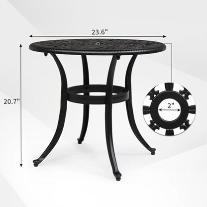 Patio Cast Aluminum Side Table with Umbrella Hole, Outdoor End Table Small Round Coffee Table for Backyard, Garden, Porch, Balcony, Pool Side, Indoor, Black