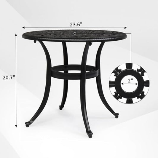 Patio Cast Aluminum Side Table with Umbrella Hole, Outdoor End Table Small Round Coffee Table for Backyard, Garden, Porch, Balcony, Pool Side, Indoor, Black
