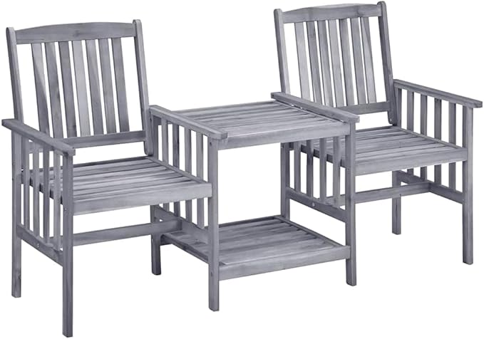 Grey and Beige Solid Acacia Wood Garden Chair with Tea Table, Polyester Cushions, Outdoor Bistro Set for Two, Rustic Patio Furniture with Durable Weather-Resistant Design