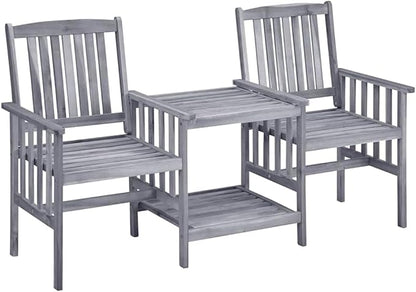 Grey and Beige Solid Acacia Wood Garden Chair with Tea Table, Polyester Cushions, Outdoor Bistro Set for Two, Rustic Patio Furniture with Durable Weather-Resistant Design