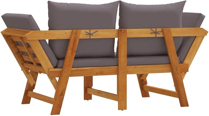 Dark Grey Solid Acacia Wood Garden Bench with Polyester Cushions, 2-in-1 Convertible Design for Outdoor Patio and Terrace, Comfortable Seating and Daybed for Relaxation
