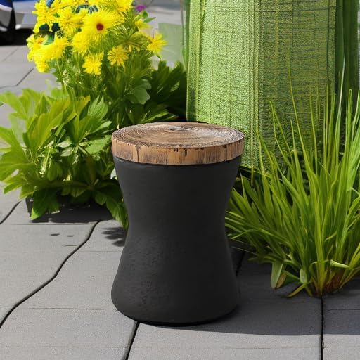 HOMPUS Outdoor Concrete Side Table Sets of 2, 2 Pieces Black Round Patio End Table, Small Outdoor Accent Table, Hourglass Shaped Garden Stool for Patio, Outside, Black