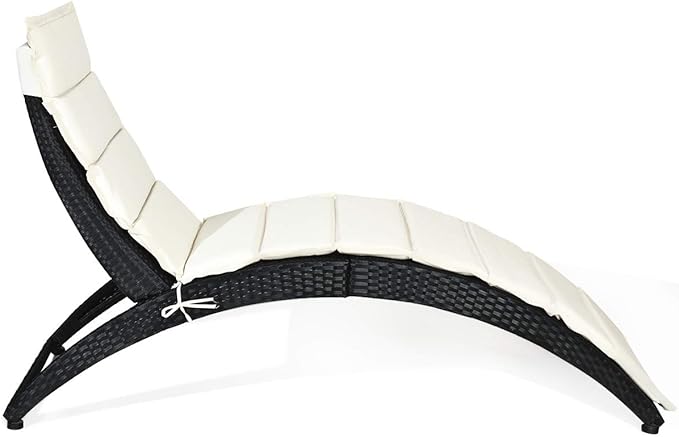 HAPPYGRILL Modern White Rattan & Steel Foldable Patio Lounge Chair - Outdoor Wicker Chaise Lounger with Cushion - Patio Furniture Set for Backyard, Patio, Garden, Lawn, Balcony, Beach, Pool, Porch