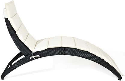 HAPPYGRILL Modern White Rattan & Steel Foldable Patio Lounge Chair - Outdoor Wicker Chaise Lounger with Cushion - Patio Furniture Set for Backyard, Patio, Garden, Lawn, Balcony, Beach, Pool, Porch