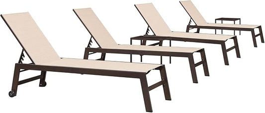 PURPLE LEAF Chaise Lounge Outdoor Set 4 Pieces Sturdy Aluminum Outdoor Chaise Lounge Chair for Pool Outside Lawn Patio Lounger with Breathable Textilene Fabric, Cream