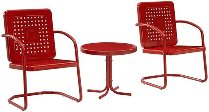Pemberly Row 3 Piece Metal Outdoor Chair Set, Bright Red Gloss Finish, Retro Patio Furniture, Steel Construction, Cantilever Armchairs with Basket Weave Design, Side Table for Small Outdoor Spaces