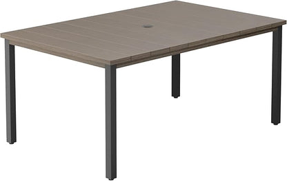 DIFY 63" Rectangle Outdoor Dining Table for 6, Slatted Metal Patio Table with Adjustable Umbrella Hole, All-Weather Patio Dining Table for Garden Backyard Deck, Grey Wood-Like Tabletop