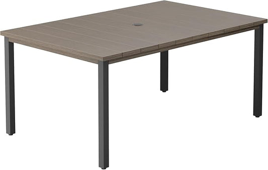 DIFY 63" Rectangle Outdoor Dining Table for 6, Slatted Metal Patio Table with Adjustable Umbrella Hole, All-Weather Patio Dining Table for Garden Backyard Deck, Grey Wood-Like Tabletop