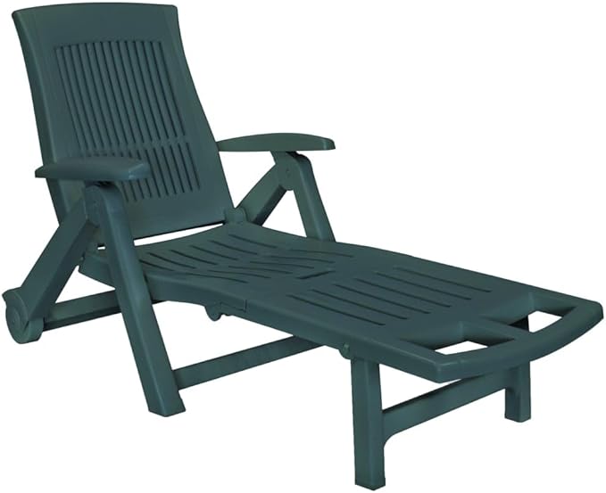Green Plastic Foldable Sun Lounger with Adjustable Backrest and Wheels for Patio Garden Poolside Relaxation, Durable Outdoor Furniture