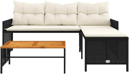 vidaXL L-Shaped Patio Sofa Set - Black Poly Rattan Outdoor Furniture with Acacia Wood Table and Cream White Cushions