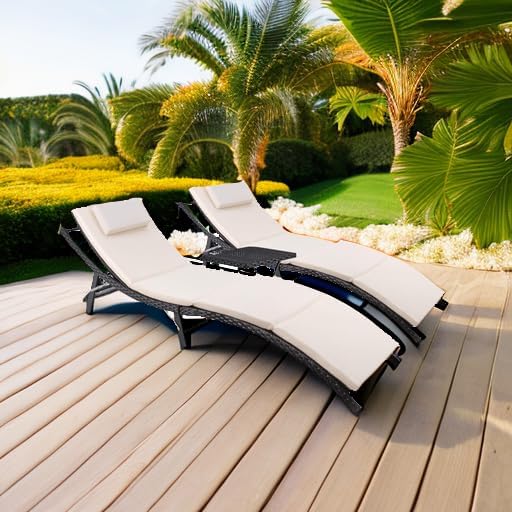 Devoko Patio Chaise Lounge Sets Outdoor Rattan Adjustable Back 3 Pieces Cushioned Patio Folding Chaise Lounge with - Photo 5