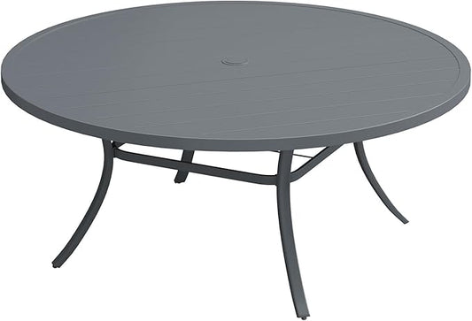 VICLLAX 63" Outdoor Patio Dining Table for 8-10, Metal Round Table with Umbrella Hole for Deck Lawn Garden Backyard, Dark Grey