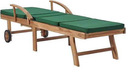 Sun Lounger Set of 2, Outdoor Patio Chaise Lounge Chairs with Adjustable Backrest and Wheels, Solid Teak Wood Poolside Garden Furniture, Green Polyester Cushions for Relaxation