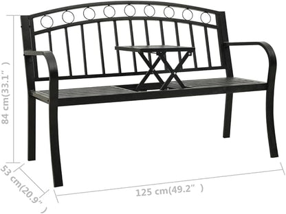 Patio Bench with a Table,Outdoor Garden Benches,Chairs with Armrests for Park, Yard, Porch, Lawn, Balcony, Backyard, Seat Furniture,49.2" Steel Black