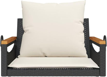 Black PE Rattan Swing Bench with Removable Covers, Sturdy Powder-Coated Steel Frame and Thick Padded Cushions for Indoor Outdoor Relaxation, Durable Hammock-Style Lounging