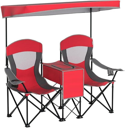 S AFSTAR Double Camping Chair w/Shade Canopy, 2-Person Folding Camp and Beach Chair with Mini Table Beverage Cup Holder Carrying Bag, Collapsible Camping Chairs for Garden Patio Pool Beach