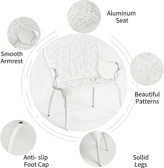 Patio Aluminum Outdoor Bench, Garden Metal Loveseat Furniture, Vintage Carving Antique White Front Porch Chair Seat