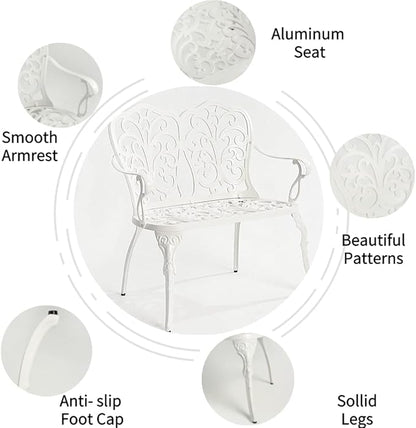 Patio Aluminum Outdoor Bench, Garden Metal Loveseat Furniture, Vintage Carving Antique White Front Porch Chair Seat