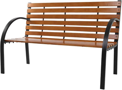 Knocbel 48 Inch Industrial Outdoor Bench Patio Garden Porch Chair Loveseat with Wood Slatted Seat and Back, Metal Frame, 330lbs Weight Capacity (Black and Natural)