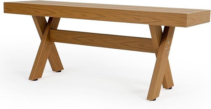 44.5" HIPS Outdoor Bench, X-Shaped Modern Backless Garden Bench, All Weather Patio Bench with Wood Grain Texture, Easy Assembly for Garden, Porch, Backyard & Park-Wood-Grain Teak