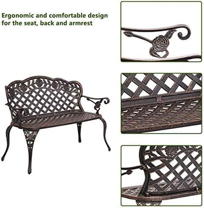 42.5inch Bronze Outdoor Garden Bench Chair Patio Benches Patio Seating Porch Bench Chair with Cast Aluminum Rose Style Loveseat Outdoor Furniture for Park Lawn Front Front Porch 108 x 60 x 83cm