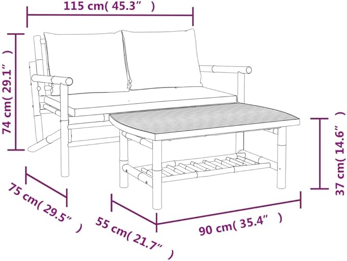 Bamboo Outdoor Lounge Set with Cream White Cushions, 2-Piece Garden Patio Furniture for Relaxation - Photo 1