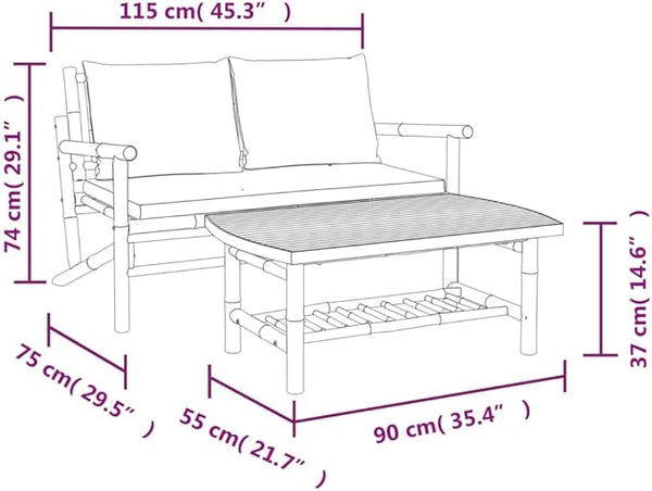 Bamboo Outdoor Lounge Set with Cream White Cushions, 2-Piece Garden Patio Furniture for Relaxation - Photo 1