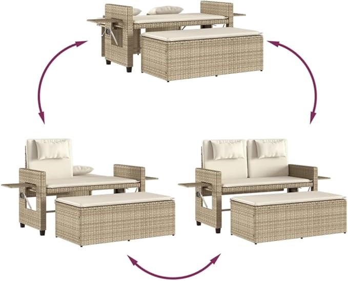 Garden Bench Deck Bench Reclining Patio Bench with Cushions Beige Poly Rattan - Photo 8