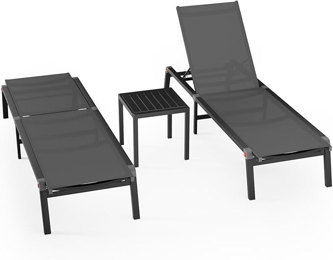 Aluminum Patio Chaise Lounge Chair Set of 2 with Side Table,5-Position Adjustable Backrest,Foldable Lounge Chair Outdoor,Pool Lounge Chairs for Poolside,Lawn,Deck,Beach (Grey, 2 Pack+Table)