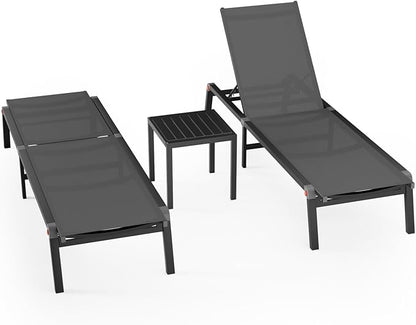 Aluminum Patio Chaise Lounge Chair Set of 2 with Side Table,5-Position Adjustable Backrest,Foldable Lounge Chair Outdoor,Pool Lounge Chairs for Poolside,Lawn,Deck,Beach (Grey, 2 Pack+Table)