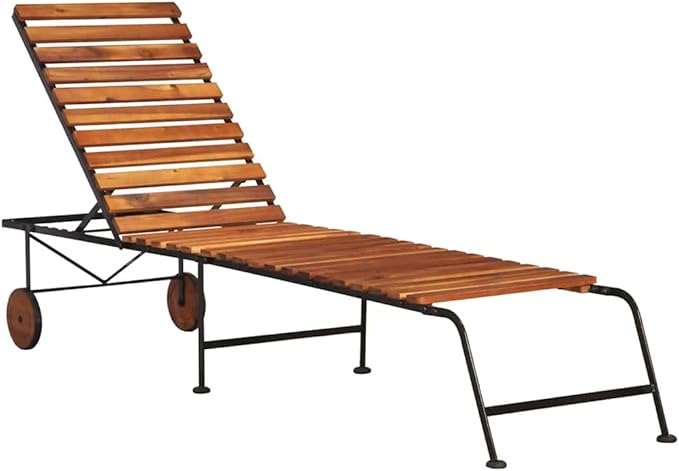 Brown Adjustable Sun Lounger for Patio and Garden, Solid Acacia Wood with Steel Frame - Photo 1