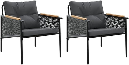 Set of 2 Outdoor Garden Chairs with Teak Wood Armrests, Modern Black Powder-Coated Metal Patio Seating, Comfortable Weather-Resistant Cushions, 29.1 L x 24.2 W x 27.6 H