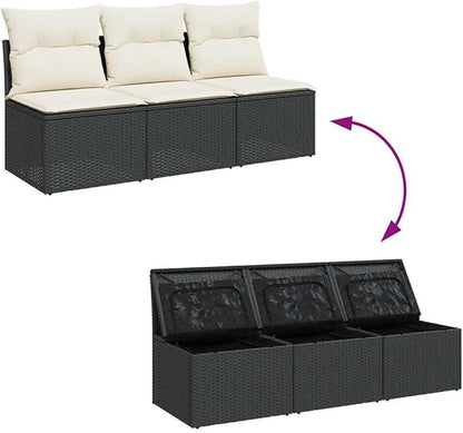 3-Seater Garden Sofa in Black and Cream White, Modular Outdoor Furniture with Weather-Resistant Cushions and Waterproof Storage Bag for Patio, Balcony, or Garden
