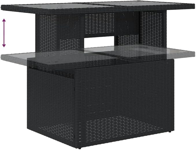 Height-Adjustable Black Rattan Garden Coffee Table 21.7"x39.4" Rectangular Tempered Glass Top Outdoor Patio Furniture - Photo 7