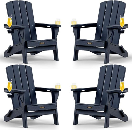 Folding Adirondack Chair 4 Pack, HDPE All-Weather Fire Pit Chairs, Plastic Adirondack Chairs with 2 Cup Holder, Outdoor Lawn Chair for Patio Garden (Navy Blue)