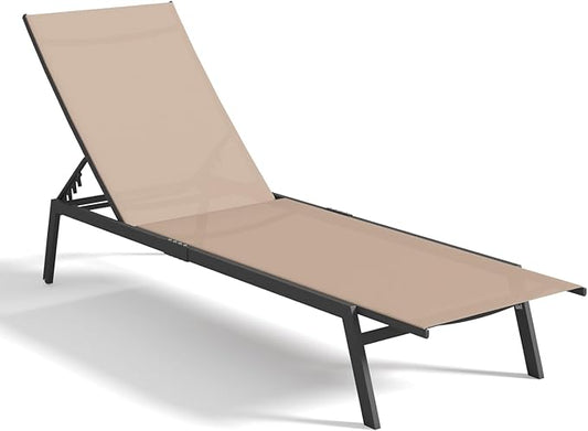 AECOJOY Patio Lounge Chairs for Outside, Adjustable Outdoor Chaise Lounge with Wheels and Adjustable 5-Position Recliner for Pool, Beach, Backyard, Deck, Lawn, Khaki