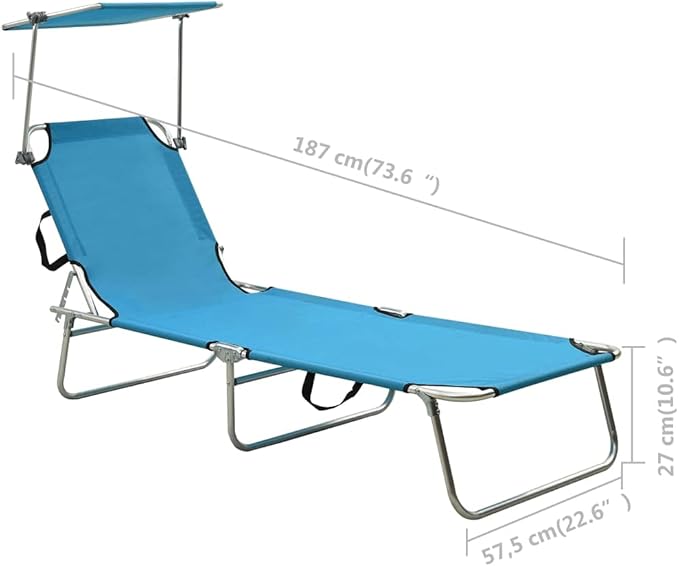 Folding Blue Aluminum Sun Lounger 73.6x22.6x10.6 in, Adjustable Backrest, UV-Resistant 600D Fabric, Compact Beach Lounge Chair for Patio Poolside Garden and Travel