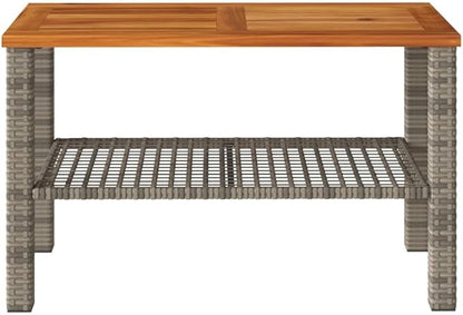 Grey PE Rattan Medium Durable Garden Table with Acacia Wood Top, 4-Person Seating, UV-Resistant and Rust-Proof for Outdoor Patio Balcony