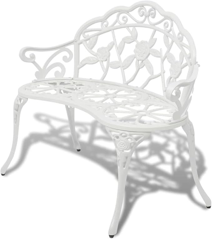 White Cast Aluminum and Cast Iron Garden Bench 39.4 Inch Durable Outdoor Seating with Decorative Inlays for Patio Yard Relaxation