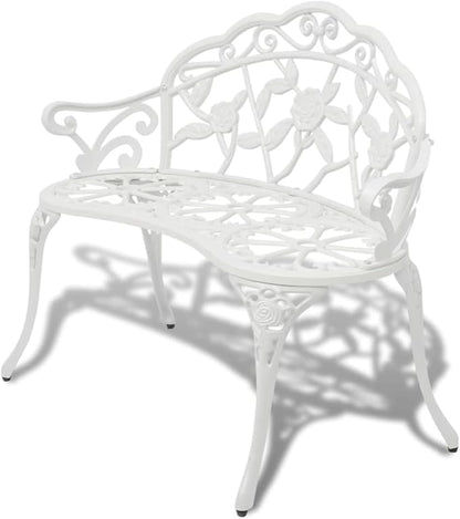 White Cast Aluminum and Cast Iron Garden Bench 39.4 Inch Durable Outdoor Seating for Patio Yard with Decorative Inlays Comfortable Two Person