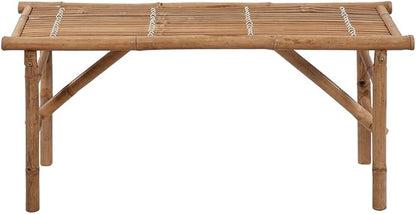 Portable Folding Garden Bench with Blue Cushion, Natural Bamboo Frame and 100% Polyester Medium, Weather Resistant Outdoor Furniture for Patio and Balcony