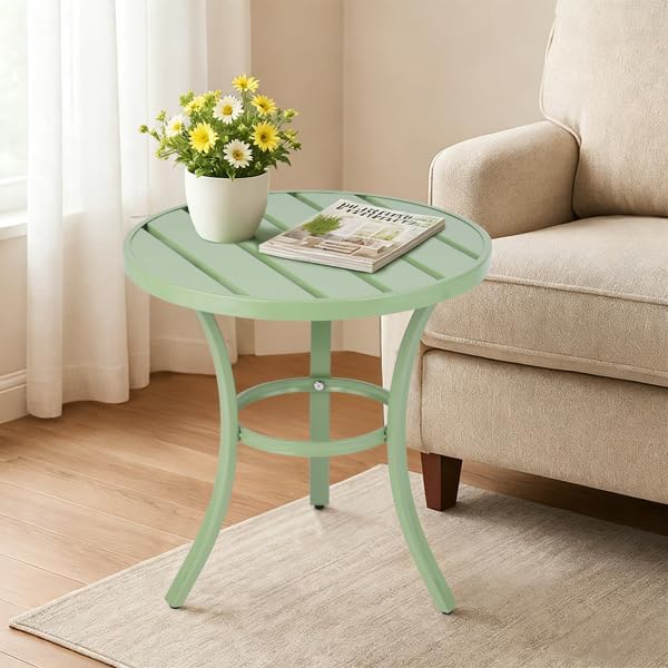 20" Side Table Outdoor Indoor, Round Metal Patio End Table, Small Weather-Resistant Accent Table with Adjustable Feet for Garden, Balcony, Living Room, Bedroom (Light Green)