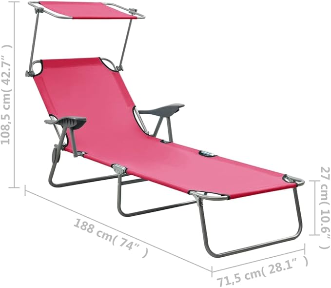 Foldable Pink Outdoor Chaise Lounge for Poolside, Aluminum Steel Recliner Sunbed 74x28x10 in - Photo 2